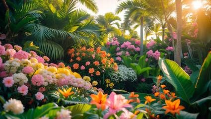 Lush tropical garden with vibrant flowers and palm trees at sunset