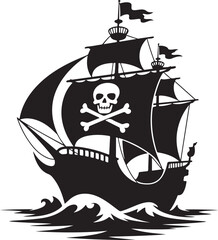 Pirate Ship Silhouette Vector Illustration of Skull Flag Vessel on Ocean Waves Perfect for Adventure, Fantasy, and Nautical Themes