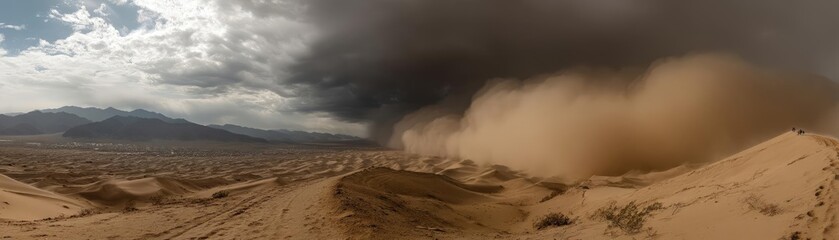 Fototapeta premium Panorama sand storm over huge dune with powerful wind wave concept. Dramatic dust storm sweeps across the desert landscape.