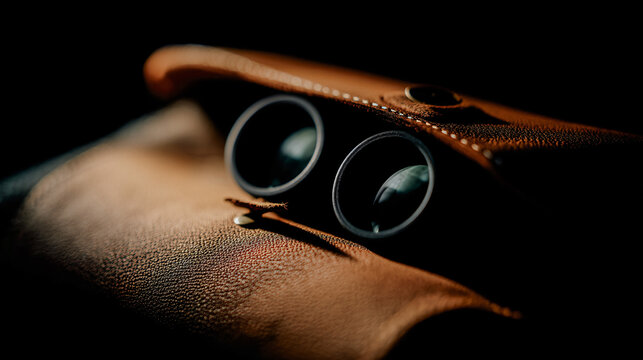 Binoculars peeking away from a tan case with a partially open flap, mirror image visible on the lenses.