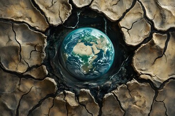 Fototapeta premium Planet earth emerging from cracked earth representing environmental concerns and climate change concepts