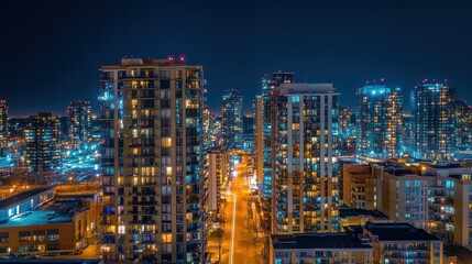 Naklejka premium Night cityscape: Illuminated towers and city lights