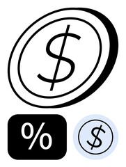 Dollar coin surrounded by percentage sign, symbolizing profit, interest, banking, income. Ideal for finance, investments, business savings interest rates loans taxation. Flat simple metaphor