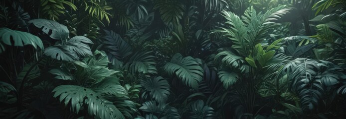 Fototapeta premium Lush, dark jungle leaves in emerald, jade, and sapphire hues , vibrant, nature, dark