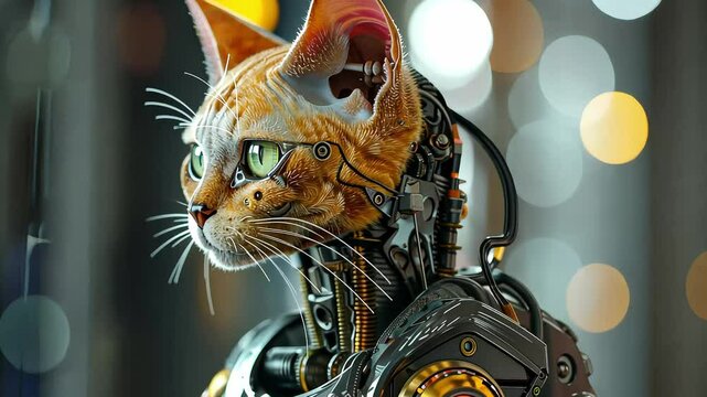 The robotic cat displays a striking blend of feline attributes and high-tech machinery, highlighting innovation in robotics and artistry in design.