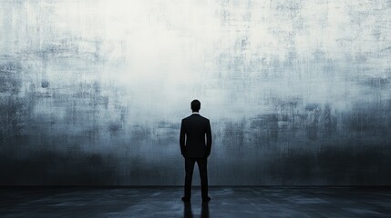 Obraz premium Businessman Contemplates Vast Grunge Wall: A Dramatic Silhouette