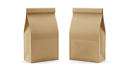Two Blank Brown Paper Bags with Folded Tops and Empty Labels on White Background