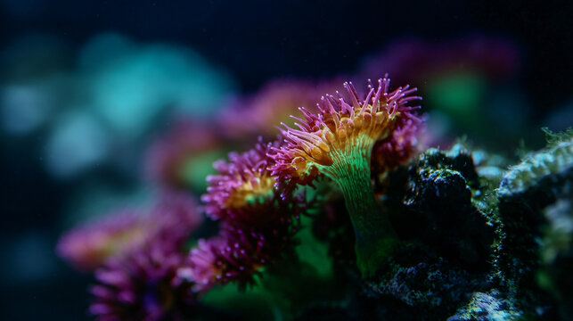 Blastomussa welsii coral in a reef tank, showcasing vibrant vividness and texture