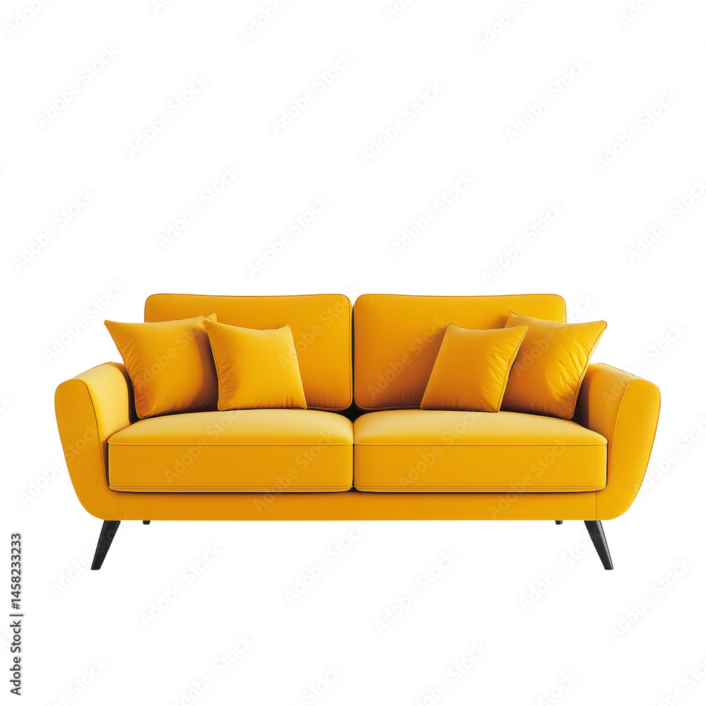 Poster a bright yellow sofa with cushions against a clean transparent background, adding a pop of color to 