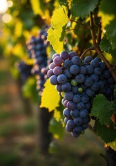 Obraz premium Close-up of a ripe purple grape cluster on the vine with sunlight shining through green leaves