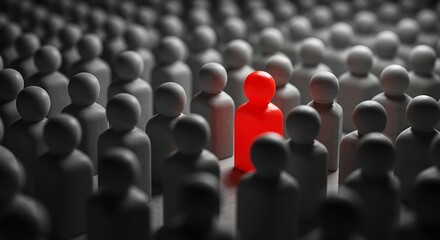 Red Figure Stands Out in a Crowd of Gray Wooden Figurines, Symbolizing Individuality