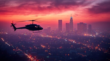 Fototapeta premium Helicopter Soaring Over Los Angeles at Sunset