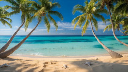 Obraz premium Serene tropical beach with palm trees turquoise water and starfish