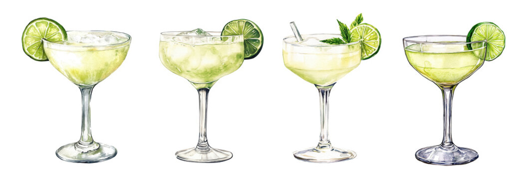 Set of gimlet cocktails in coupe glasses with lime wheel garnish. Watercolor illustration with white border isolated on transparent background. Classic citrus cocktail and summer drink