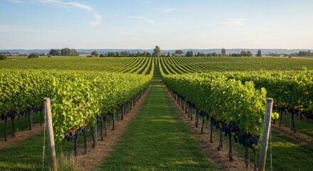 Obraz premium Symmetrical vineyard rows stretching into the distance under a clear blue sky with ripening grapes