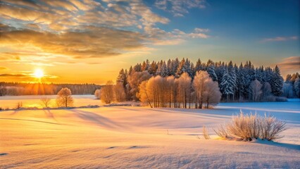 Serene winter landscape with snow-covered field and forest bathed in warm golden light of sunset evening scene in rural area , winter landscape, serene atmosphere