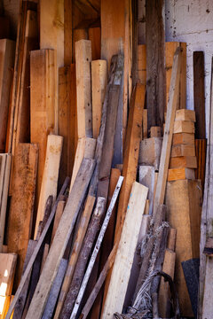 A collection of wood pieces in storage