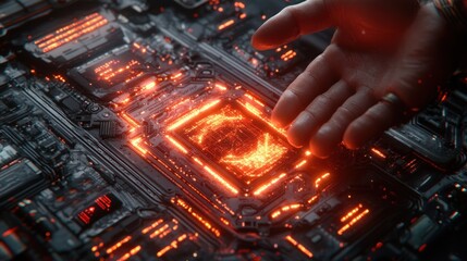 Hand over a glowing circuit board