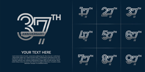 Anniversary logo type set with double line number. silver color with ribbon for celebration event
