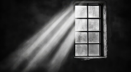 Sunlight streams through a window, illuminating a dark room  Rays of light pierce the gloom, creating dramatic contrast  A rustic window with panes