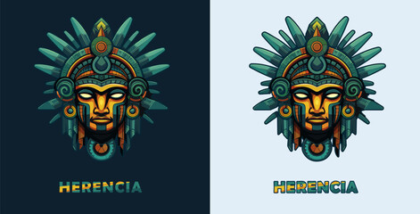 Fototapeta premium Maya traditional mask vector logo. Aztec culture face illustration design isolated on background, symbol of mexican ancient religion icon art