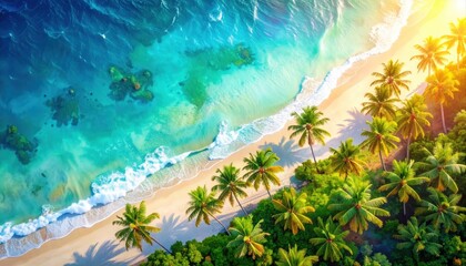 Stunning Aerial View of Tropical Beach Paradise with Palm Trees and Turquoise Ocean Waves