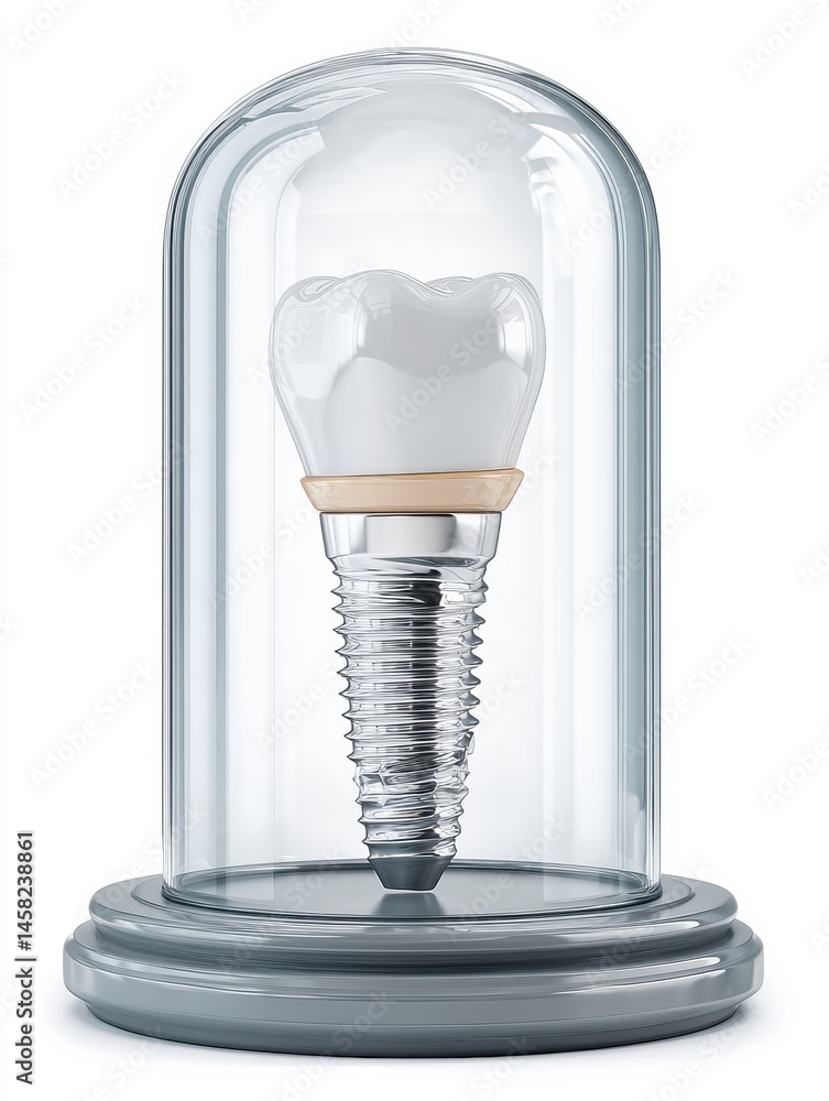Poster realistic glass dome display featuring a detailed single tooth implant on a polished base generative