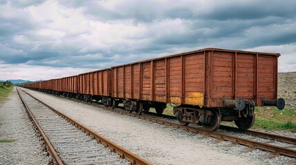 Fototapeta premium Rusty freight train wagons sit idle on old railway tracks, evoking a sense of industrial history and forgotten transport routes. 