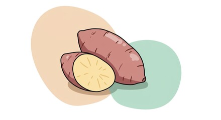 Two sweet potatoes illustration, vibrant colors, healthy eating concept on abstract pastel background.
