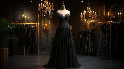 Elegant Black Gown in Luxurious Boutique