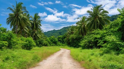 A dirt road winds through lush tropical jungle, surrounded by towering palms and bathed in warm sunlight.