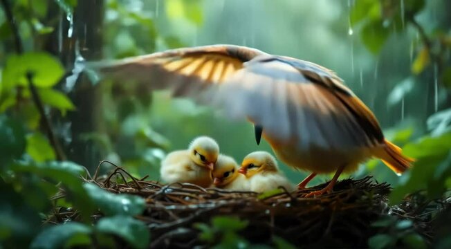 A captivating close-up of a mother bird with outstretched wings protecting her vulnerable chicks nestled within a lush green nest during a light rain.