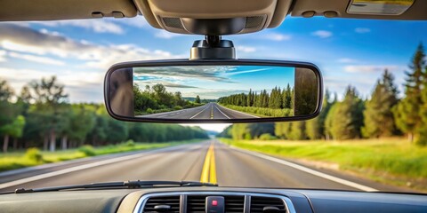 Detailed image of rearview mirror showing clear view of road behind with high definition display of rearview camera on dashboard screen, car display, auto safety