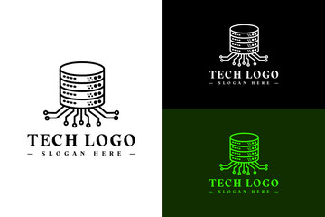 vector illustration of server stack connected with circuit web, logo for data science, database, data center, data transfer, fast data, artificial intelligence, internet of things, and more