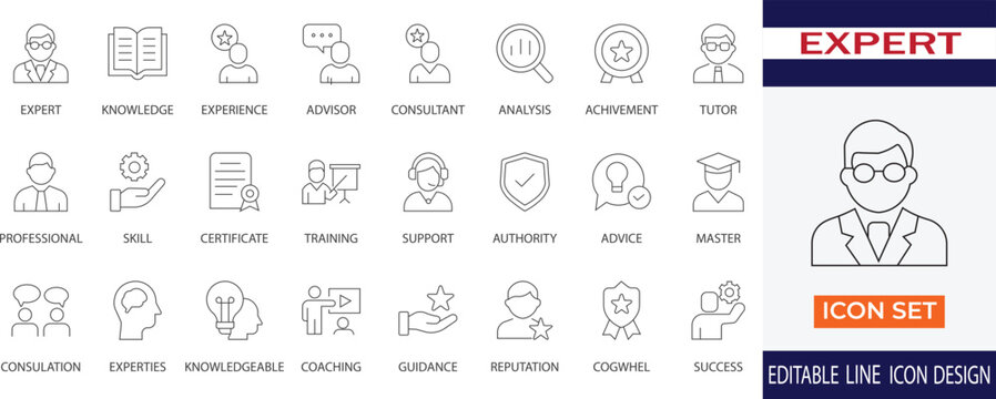 This expert icon set represents key elements of professional knowledge and consulting. It includes symbols for skills, advisor, certificate, consultation, experience, achievement, support, and success