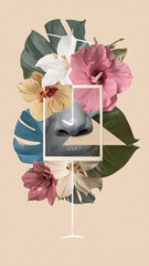 Artistic halftone human nose collage with flowers. Art classes poster, creative ideas concept. Trendy graphic on simple background