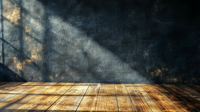 Room corner Light shines on grungy wall and worn wooden floor background