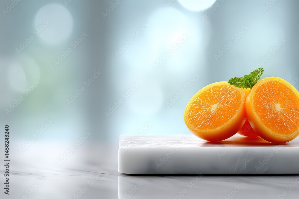 Poster freshly sliced oranges placed on a polished marble surface displaying vibrant color contrasts and in