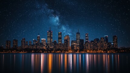 Obraz premium City skyline at night, reflected in water, under a starlit sky