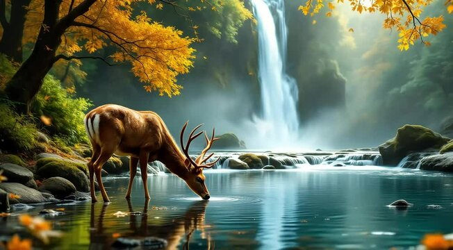 A serene image of a deer drinking from a crystal-clear pool at the base of a cascading waterfall in a lush autumn forest.