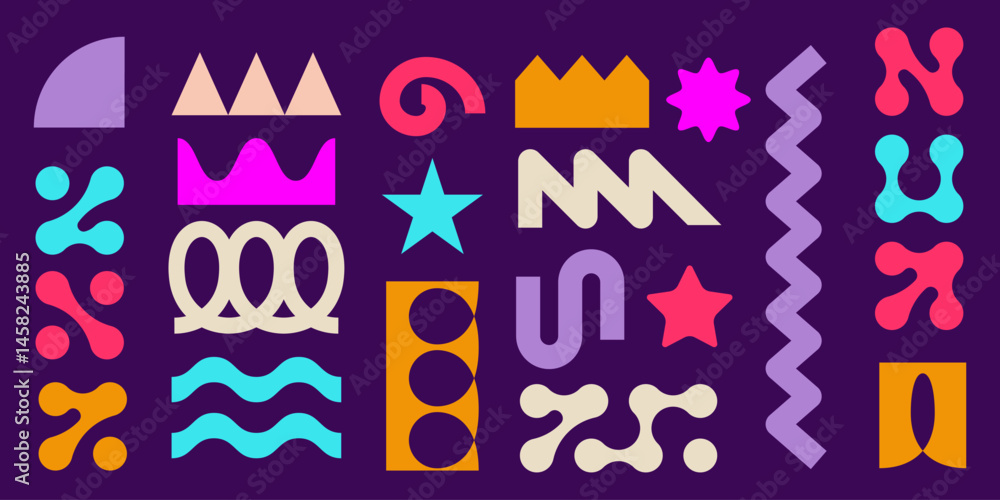 Poster colorful metaball and spring coil shapes collection - twisty curls and loops, curves and wavy lines 
