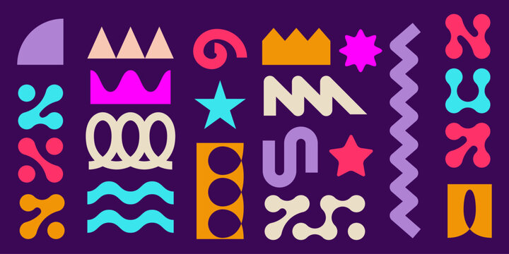 Colorful metaball and spring coil shapes collection - twisty curls and loops, curves and wavy lines and abstract geometric blob forms. Fun decorative vector design elements set in bright bold colors.