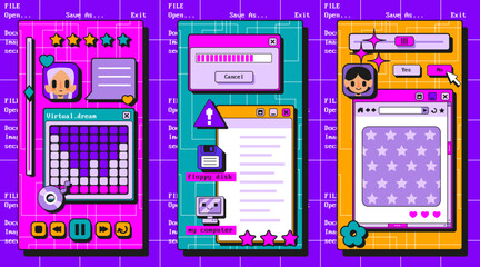 Plakat Retro user interface windows collection - loading screen, folder explorer, message box dialog. Colorful oldschool graphic elements in neon purple pink style. 90s computer program ui illustrations.