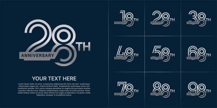 Anniversary logo type set with double line number. silver color with ribbon for celebration event