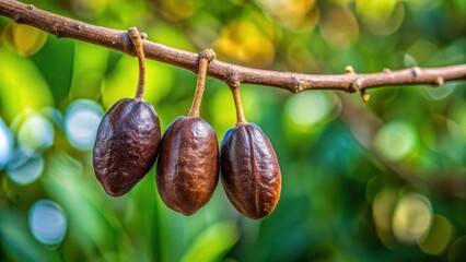 Dark brown pods on a tree branch with two isolated brown pods and black stems