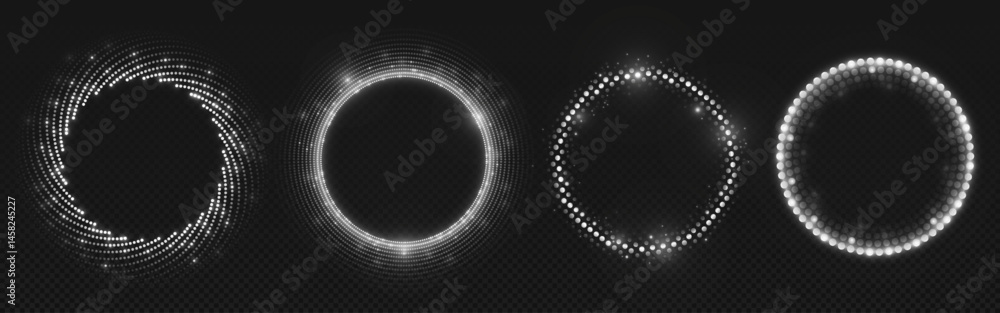 Aufkleber collection of luminous white halftone circles with sparkling light effects on dark transparent backg