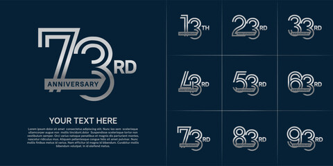 Anniversary logo type set with double line number. silver color with ribbon for celebration event