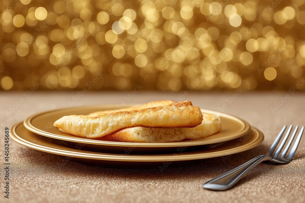 Poster Delicious golden pancakes stacked on elegant plates with soft textures and bokeh background creating a warm inviting atmosphere for taste and culinary indulgence