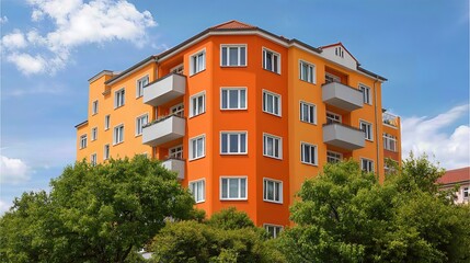 Fototapeta premium Bright orange apartment building with multiple balconies and windows stands tall against a clear blue sky, showcasing modern urban living. 