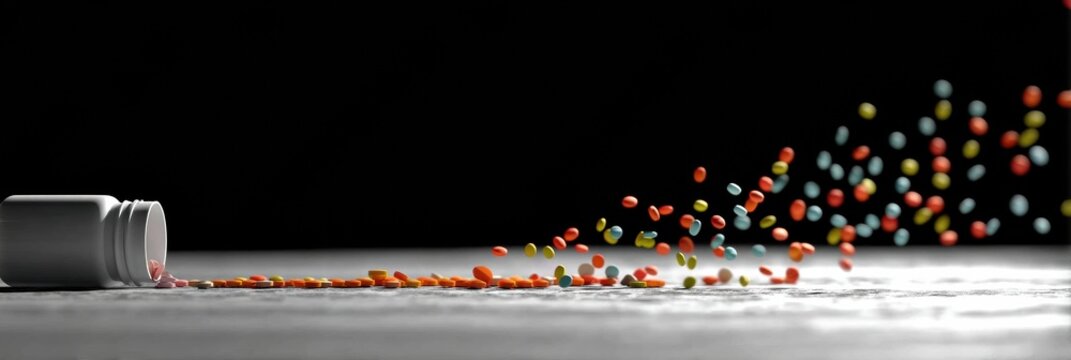 Pill Bottle Tumbling in Midair With Vivid Tablets Spilling Slowly to the Surface Below in a Dramatic, Striking Display Generative AI